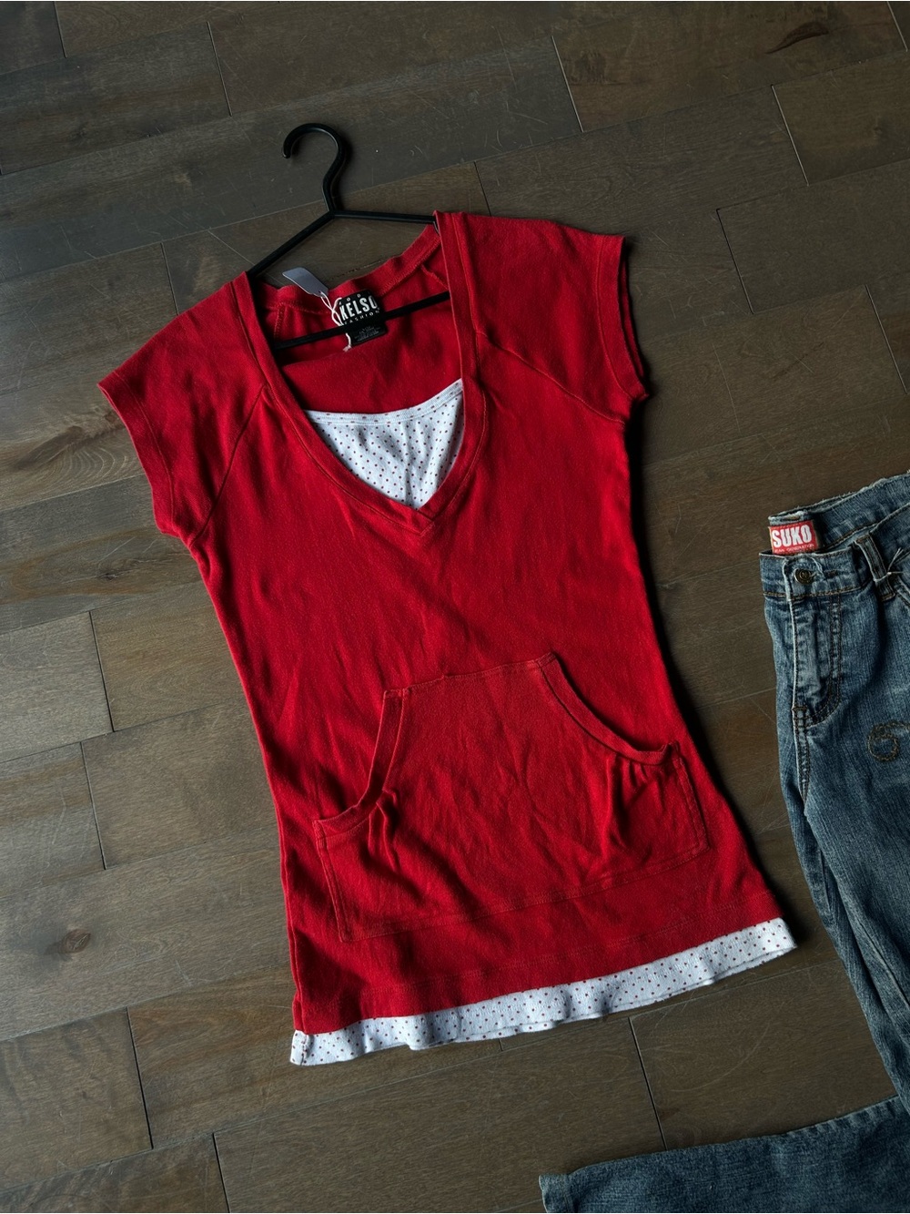 Red Short-Sleeve V-Neck Tunic with Pocket